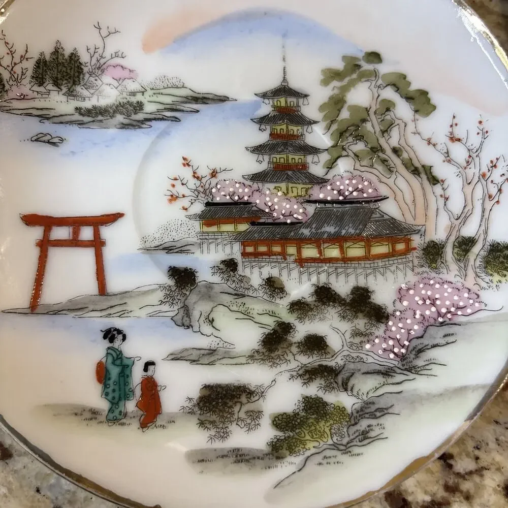 Chikaramachi Vintage Hand Painted Plates Pagoda Mountain Gold Rim Japan 5 1/2